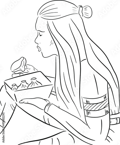 
silhouette of a girl in black and white modern graphic style, girl eating national georgian cuisine - khinkali, vector, use for packages, stickers, posters, icons,