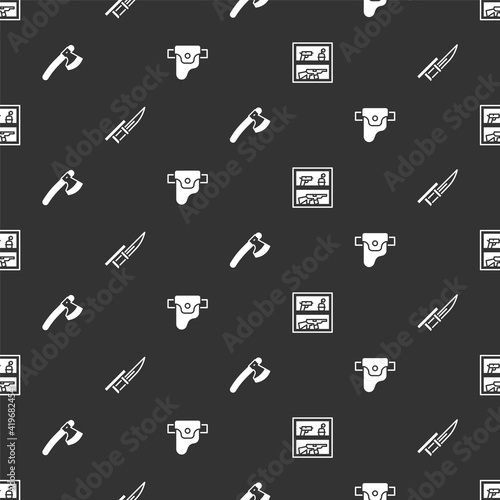 Set Hunting shop weapon, Bayonet rifle, Wooden axe and Gun holster on seamless pattern. Vector.