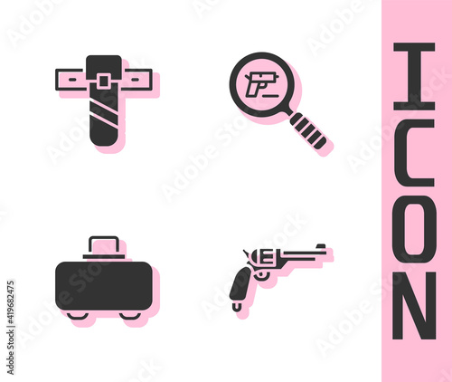 Set Revolver gun, Knife holster, Weapon case and Pistol or search icon. Vector.