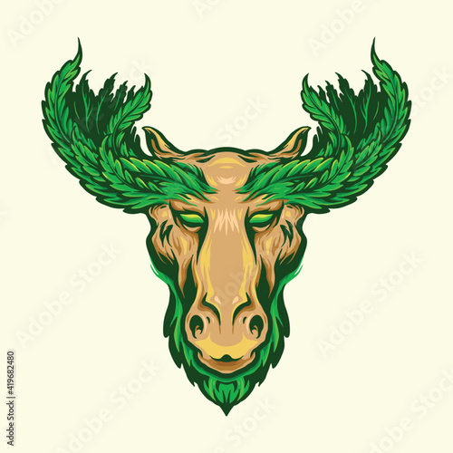 Deer with Marijuana Leaf Antlers Logo Mascot illustrations for your work Logo, mascot merchandise t-shirt, stickers and Label designs, poster, greeting cards advertising business company or brands. 