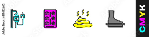 Set IV bag, Pills in blister pack, Shit and Flat foot icon. Vector.