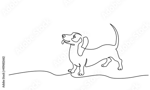 Happy Dachshund dog design silhouette. One line drawing