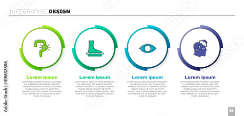 Set Gut constipation, Flat foot, Blindness and High human body temperature. Business infographic template. Vector.