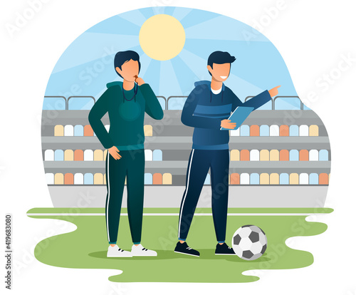 Male soccer coach pointing finger giving instructions to players with his assistant. Man in uniform is standing on the field holding paperclip notes. Flat cartoon vector illustration