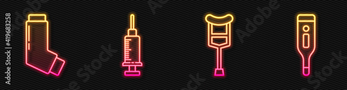 Set line Crutch or crutches, Inhaler, Syringe and Medical digital thermometer. Glowing neon icon. Vector.