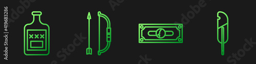 Set line Stacks paper money cash, Whiskey bottle, Bow and arrow in quiver and Feather pen. Gradient color icons. Vector.