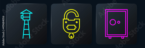 Set line Watch tower, Safe and Lock and key. Black square button. Vector.