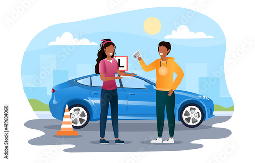 Young female character is getting drivers license. Woman passed all drivers exams and now gets her license in driving school with a car in the background. Flat cartoon vector illustration
