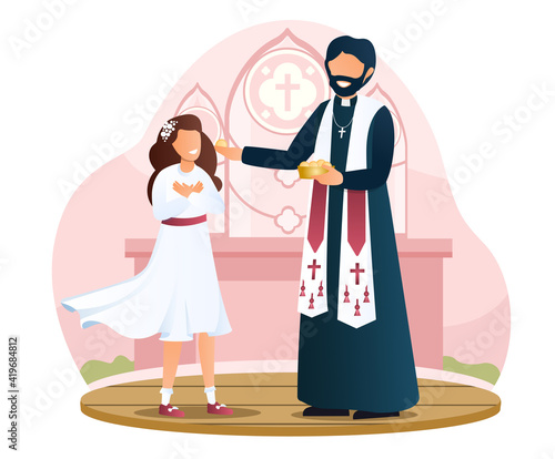 Little girl in white dress is taking communion in a church. Concept of participating in the holy communion. Male priest in uniform is giving eucharist to a child. Flat cartoon vector illustration