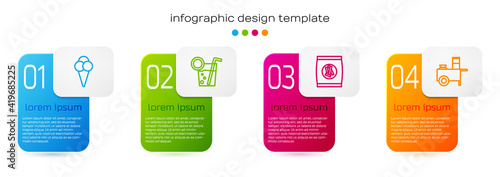 Set line Ice cream in waffle cone, Cocktail, Hard bread chucks crackers and Fast street food cart. Business infographic template. Vector.