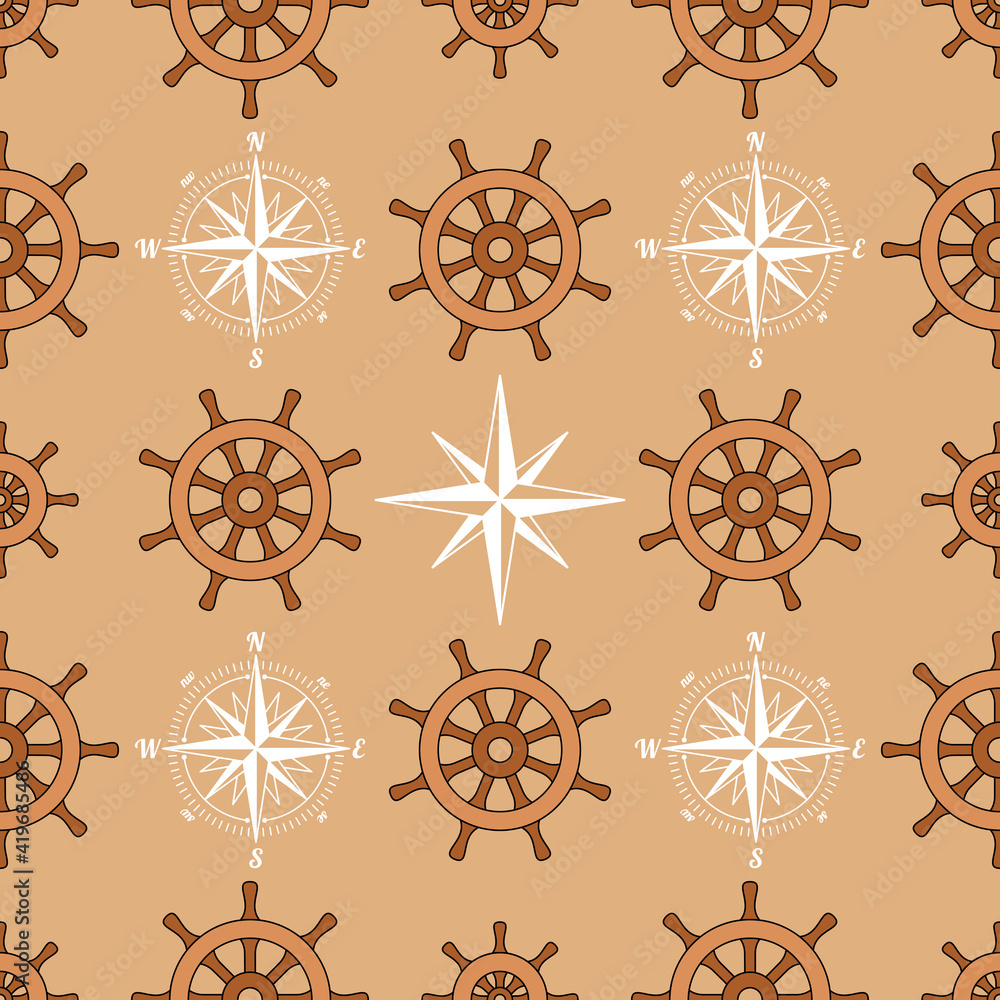 Seamless background. Ship rudders with wind rose or sea compass. Marine theme.