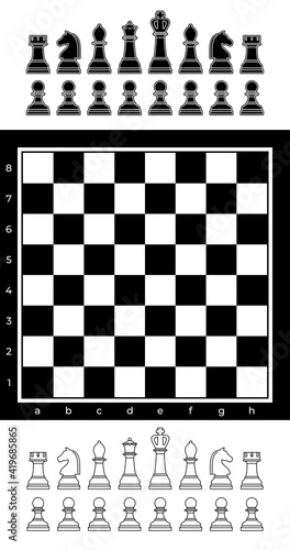 Black and white chess set with chess board