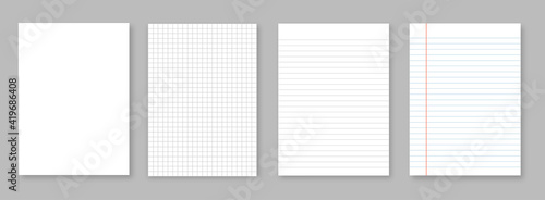 Set of vector illustrations sheets paper. Lined and square, on gray background
