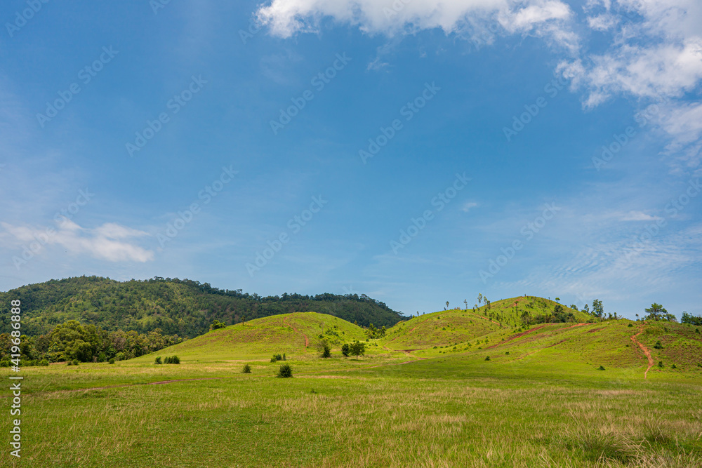 Fototapeta premium Meadow and hill landscape with blue sky background