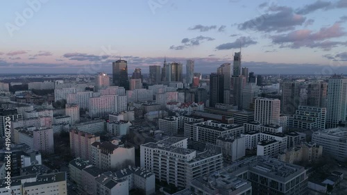 Warsaw skyscrapers at dusk. A video from a drone showing the skyline in a large Polish city.
