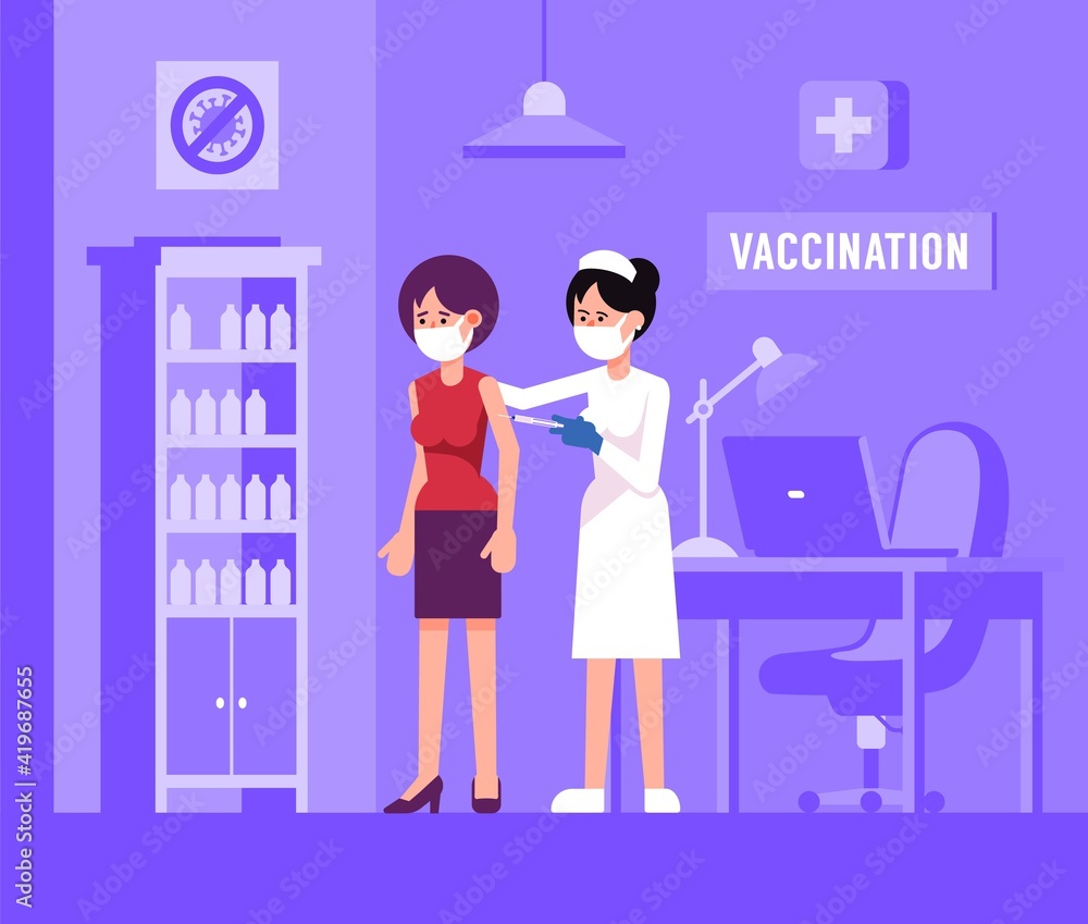 Mass Vaccination in medical clinic. Nurse gives covid-19 vaccine to woman patient. Vector illustration.
