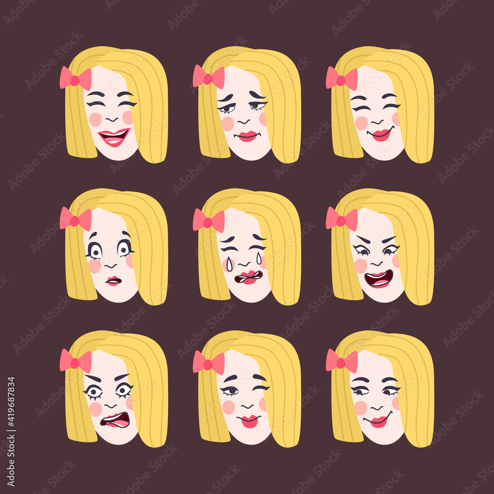 Set of woman's emotions. Facial expression. Girl Avatar, illustration in flat design Set of woman's emotions. Facial expression. Girl Avatar, illustration in flat design