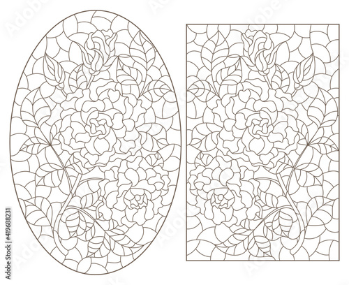Set of contour illustrations in stained glass style with abstract flowers  dark outlines on a white background