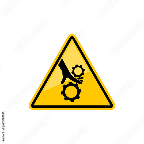 Danger rotating machinery beware of crushing triangular sign isolated icon. Vector attracting attention warning dangerous sign, crush hazard, do not operate without guards, beware roller triangle