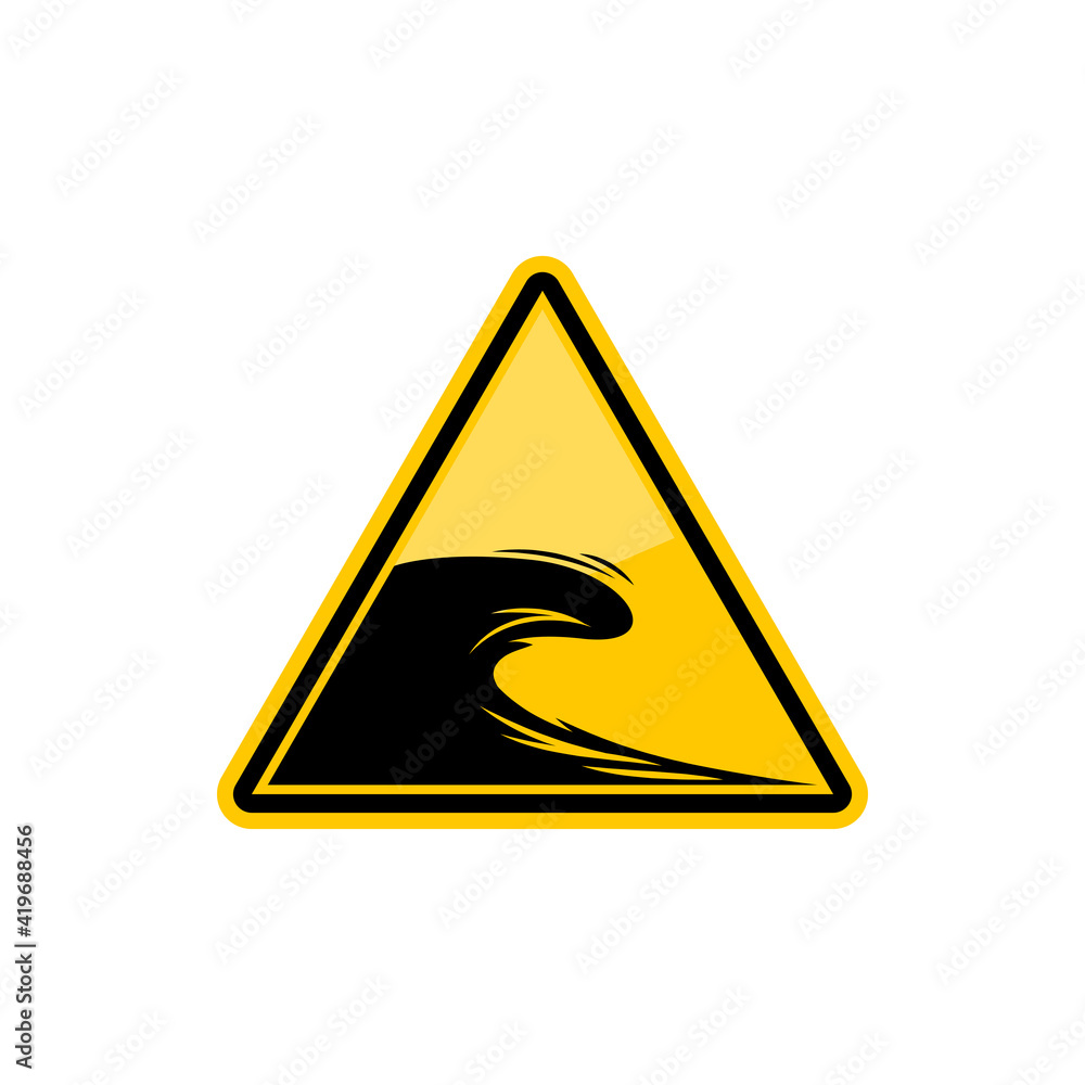 Tsunami hazard sign isolated yellow caution triangle. Vector warning safety icon with flow, beach warning sign, big waves. Triangular symbol of natural disaster, wave of water coastal destruction Tsunami hazard sign isolated yellow caution triangle. Vector warning safety icon with flow, beach warning sign, big waves. Triangular symbol of natural disaster, wave of water coastal destruction
