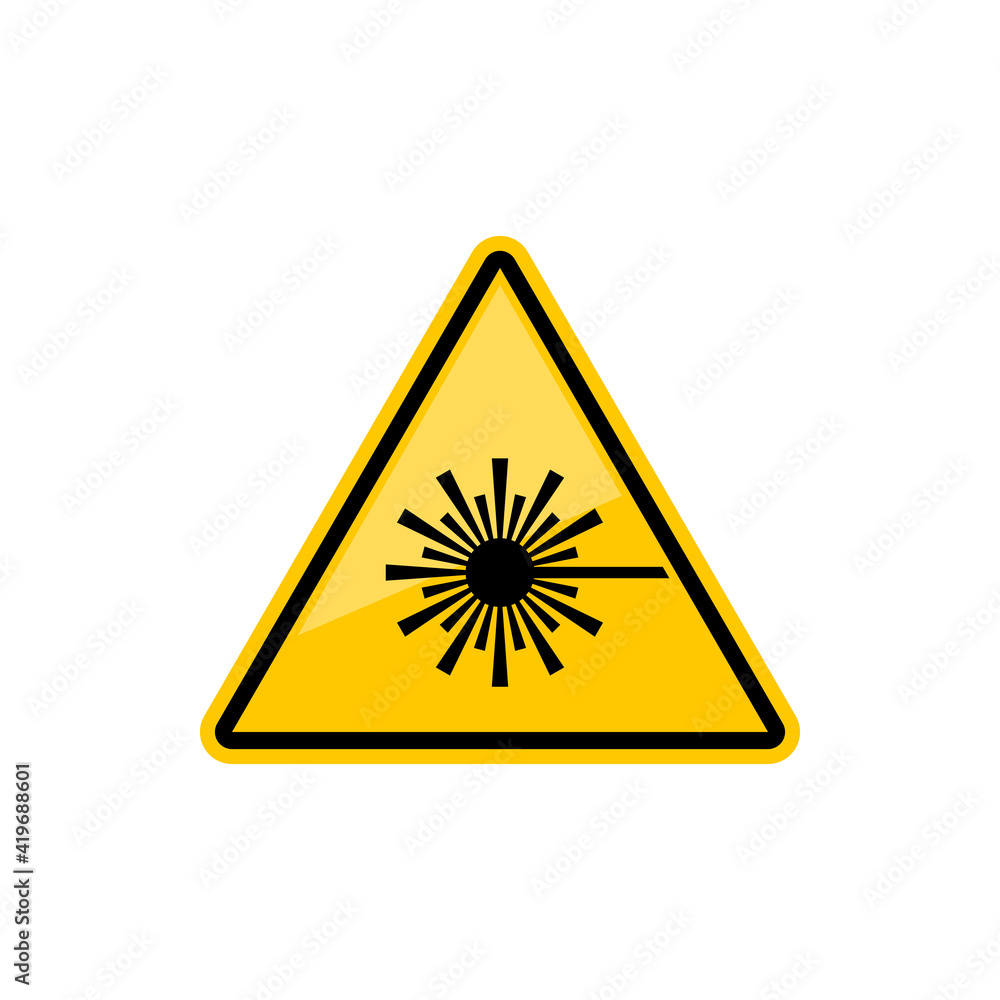Laser hazard icon isolated radiation sign, yellow triangle. Vector ISO or LED lazer warning symbol, do not look directly at laser lights icon. Safety precaution triangular sign, be careful of light Laser hazard icon isolated radiation sign, yellow triangle. Vector ISO or LED lazer warning symbol, do not look directly at laser lights icon. Safety precaution triangular sign, be careful of light