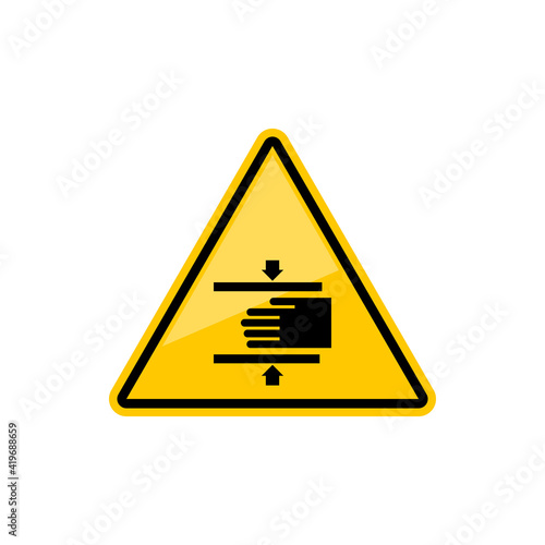 Beware crushing hand in machine warning accident sign isolated yellow triangle icon. Vector danger of injury triangular symbol, warning accident alert. Caution information, danger of crashing hands