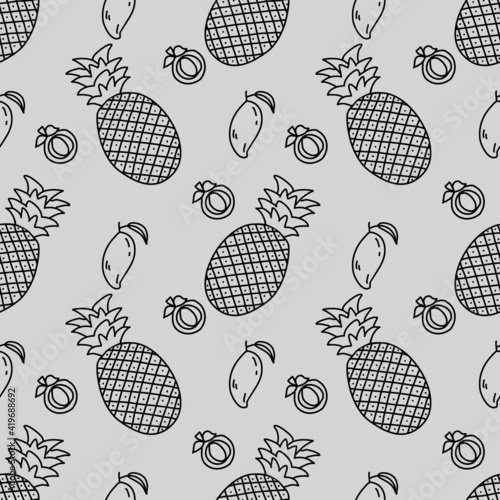 Vector seamless pattern of tropical fruits in doodle style