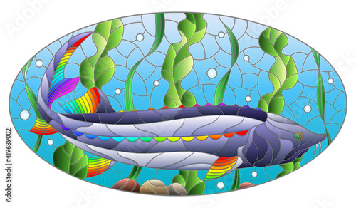 Illustration in stained glass style with bright abstract beluga fish on the background of algae, air bubbles and water, oval image