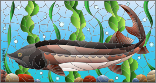 Illustration in stained glass style with beluga fish on the background of algae, air bubbles and water
