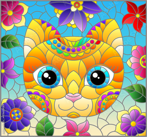 Stained glass illustration with the face of a funny cartoon kitten and flowers on a blue background