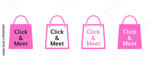 „Click & Meet“ Icons Einkaufstüten, Einkaufstaschen, Tragetaschen, in grün, blau, pink, rot, 
Reklame Hintergrund, Einkaufen mit Termin, 
Vektor Illustration isoliert auf weißem Hintergrund
