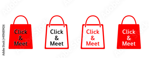 „Click & Meet“ Icons Einkaufstüten, Einkaufstaschen, Tragetaschen, in grün, blau, pink, rot, 
Reklame Hintergrund, Einkaufen mit Termin, 
Vektor Illustration isoliert auf weißem Hintergrund
