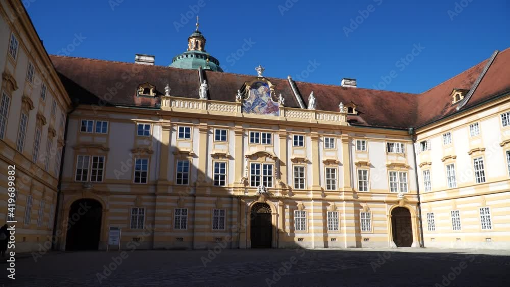 Melk Abbey, Austria 07.03.2021. Beautiful baroque architecture in the Wachau Valley, Lower Austria. UNESCO World Heritage Site Melk Abbey, Austria 07.03.2021. Beautiful baroque architecture in the Wachau Valley, Lower Austria. UNESCO World Heritage Site