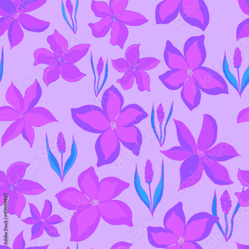 seamless pattern of flower buds and sprigs of lavender with leaves. Botanical illustration for fabrics, textiles, wallpaper, paper, invitations, cards, backgrounds