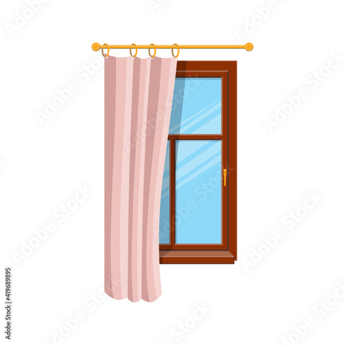 Pink half open curtain on wooden window isolated home interior architecture. Vector window treatments design, sash curtains vertical blinds. Bedroom or room window covering, vertical drapes