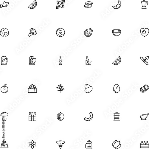 icon vector icon set such as: shiitake, pizza, tea, seeds, decorative, eating, cooked, broccoli, heart, editable stroke, fishing, cheese, alcoholic, booze, vanilla, shell, craft, drinking beer, pasta