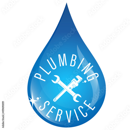 Blue drop of water and water tap plumbing repair symbol
