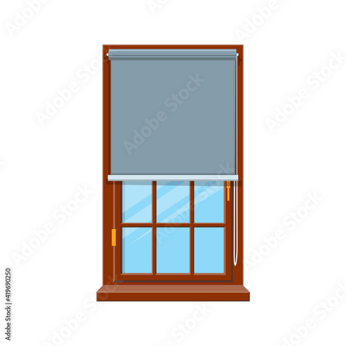 Horizontal blinds on one window isolated shutters. Vector curtains, roller blades flat panel on white wooden window, rolling lines house decor elements. Office interior blinds, line shutters