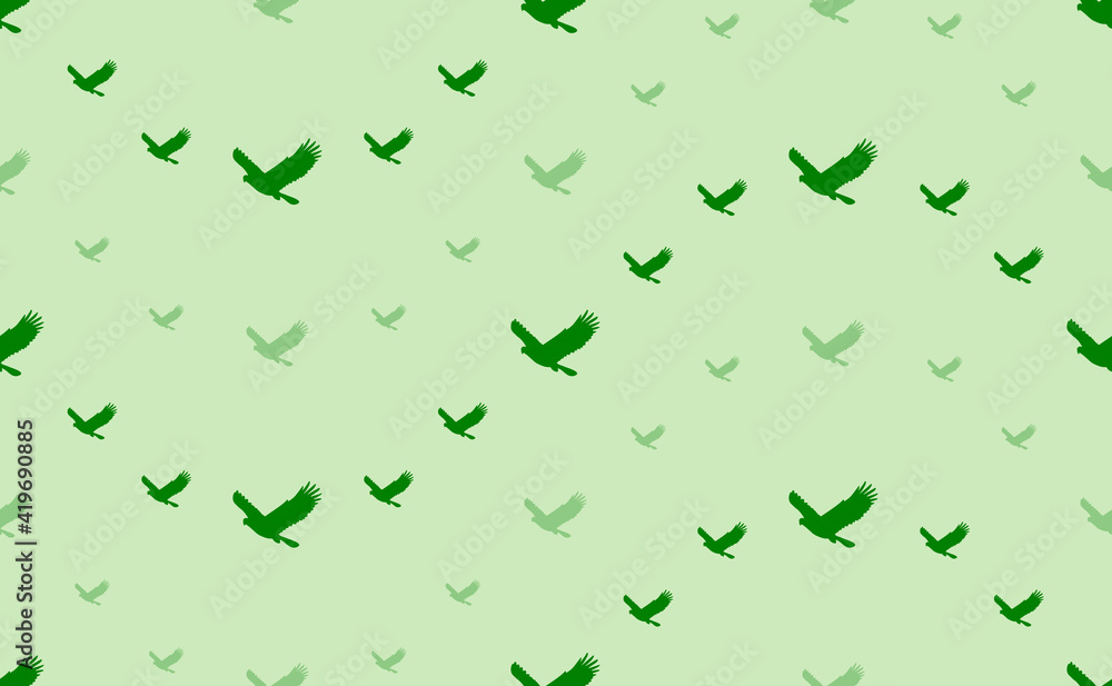 Seamless pattern of large and small green eagle symbols. The elements are arranged in a wavy. Vector illustration on light green background