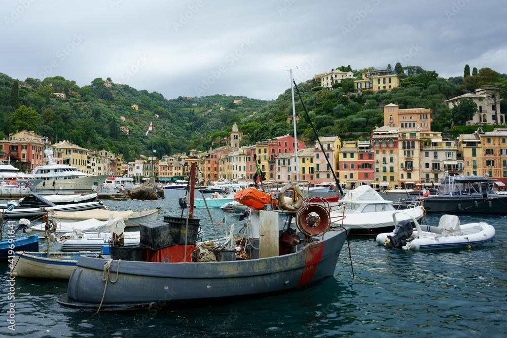 Fishing boats in Portofino, italian famous village, Genoa, Italy