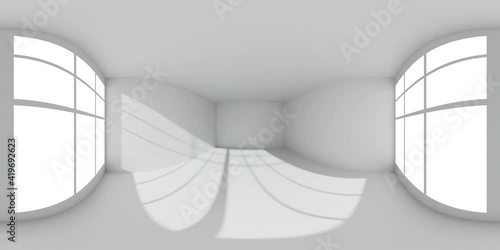 HDRI environment map of empty white room with white wall, floor, ceiling with sun light from window, colorless white 360 degrees spherical panorama form window of room 3d animation mock-up