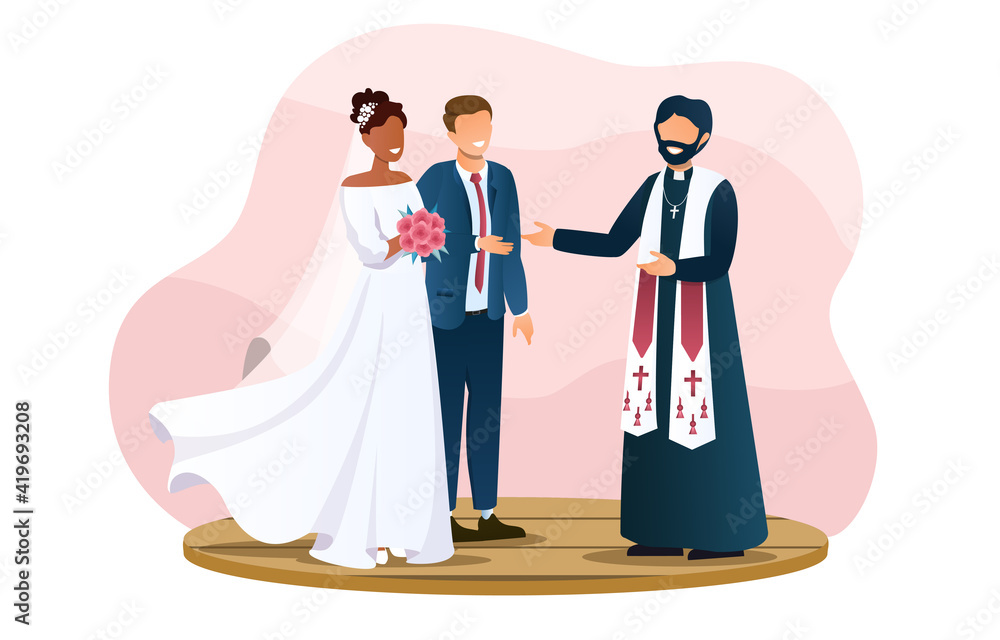 Cute wedding couple and the priest are standing outdoors. Two lovers are about to get married. Smiling priest standing near and reading a prayer. Flat cartoon vector illustration Cute wedding couple and the priest are standing outdoors. Two lovers are about to get married. Smiling priest standing near and reading a prayer. Flat cartoon vector illustration
