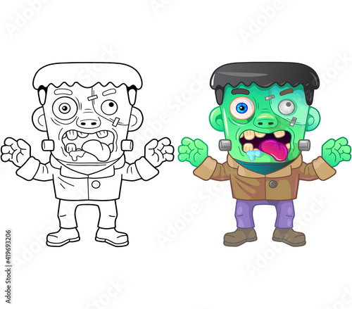 cartoon monster frankenstein, coloring book, funny illustration