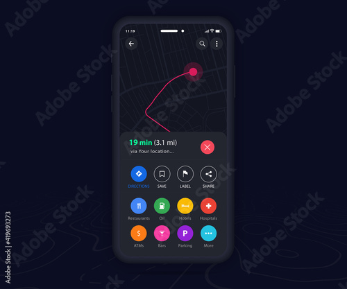 Mobile map GPS navigation app dark mode ux ui concept, Smartphone map application, App search map navigation, Technology map, City street navigation maps, gps tracking, App dark mode, Vector