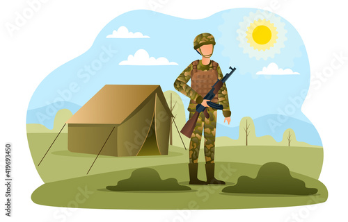 Male soldier in camouflage standing with assault rifle. Concept of military camp. Man with a gun is protecting military base on a hot summer day. Flat cartoon vector illustration