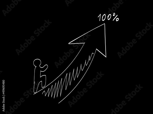 The silhouette of a person goes up the arrow to one hundred percent. A simple white-on-black sketch.