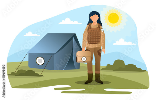 Female military doctor in camouflage standing with first aid kit. Concept of military camp. Woman with medicine kit taking care of soldiers on base on hot summer day. Flat cartoon vector illustration