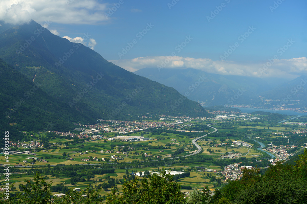 Panoramic view of Valtellina from Mello at summer