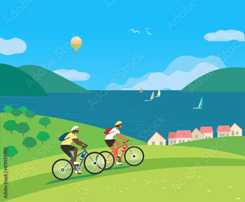 Couple Travelling by Bycicles on Seaside vector