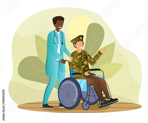 Male nurse and veteran soldier in military uniform on a wheelchair. Smiling doctor rolls a patient with disability on a wheelchair in military hospital. Flat cartoon vector illustration